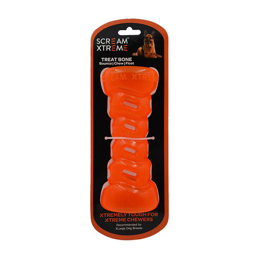 Scream Xtreme Treat Bone Treat Dispensing Dog Toy Loud Orange XL 20cm