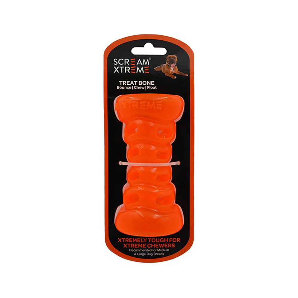 Scream Xtreme Treat Bone Treat Dispensing Dog Toy Loud Orange Medium/Large 13cm