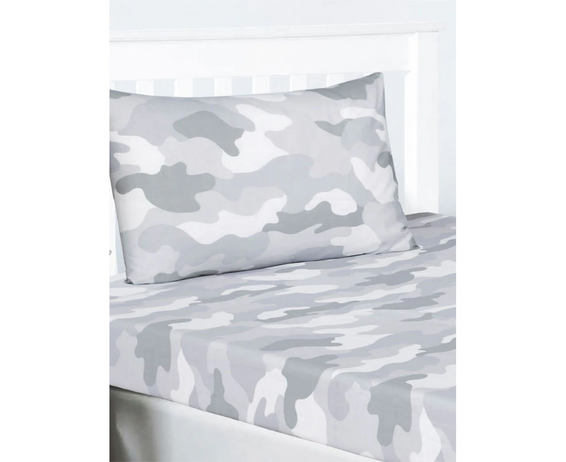 Grey Army Camouflage Double Fitted Sheet and Pillowcase Set