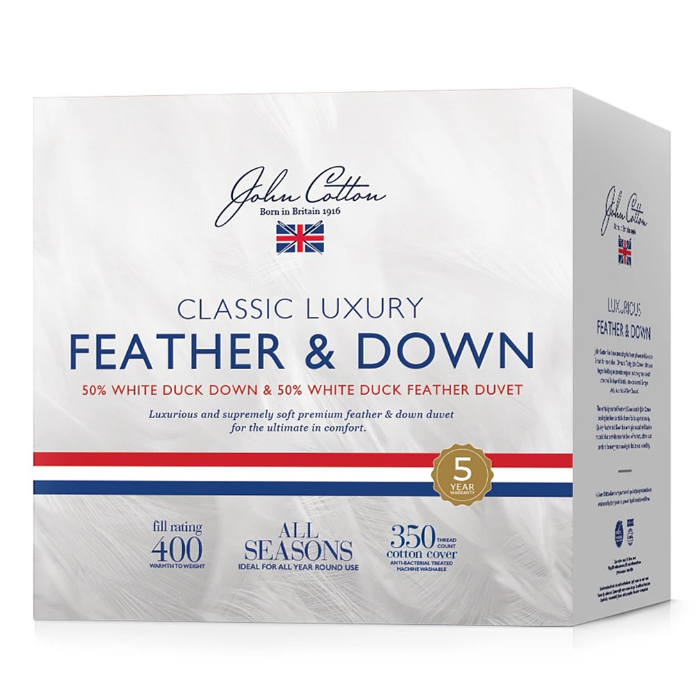 John Cotton 50/50 Duck Down 400 Fill Power Queen Bed Quilt Home Bedding White