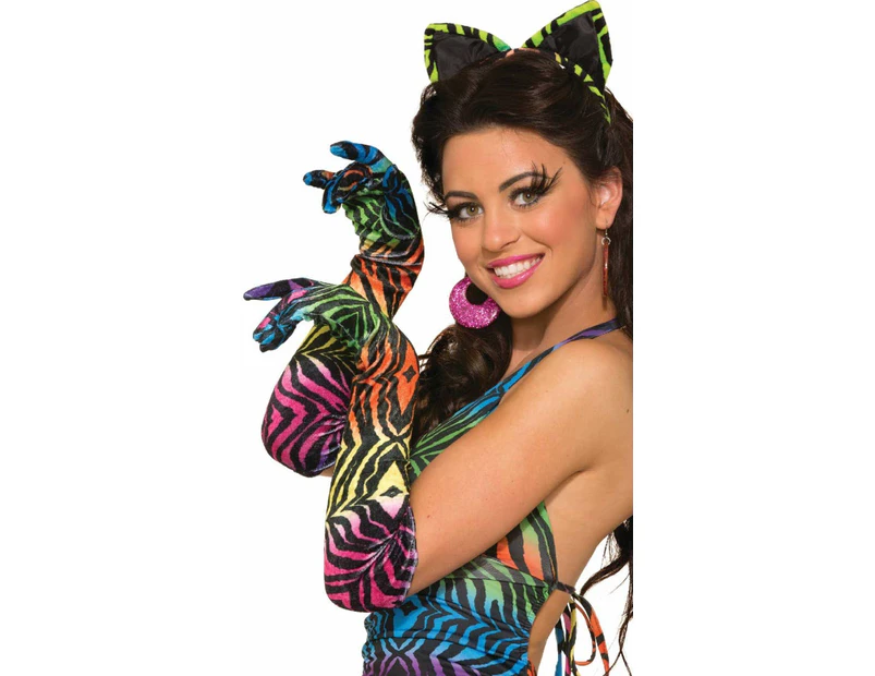 Long Velvet Rainbow Tiger Print Gloves