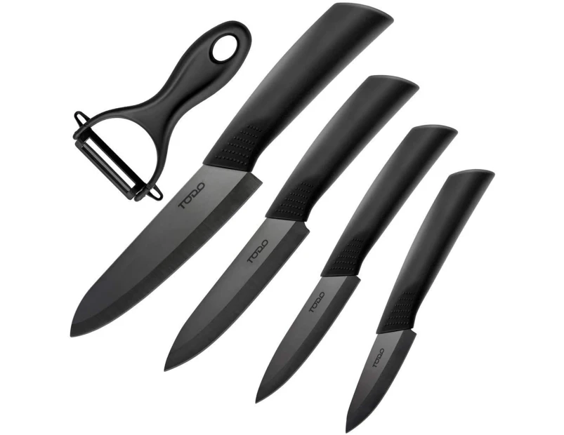 TODO 5 Pc Ceramic Knife + Peeler Set w/ Sheath Black Nano Zirconia Anti Bacterial Blade