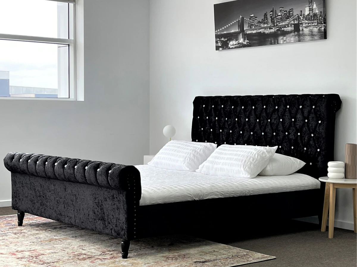 Luxury Venice Crushed Velvet Fabric Queen Size Bed Frame Crystal Tufted Black Upholstered