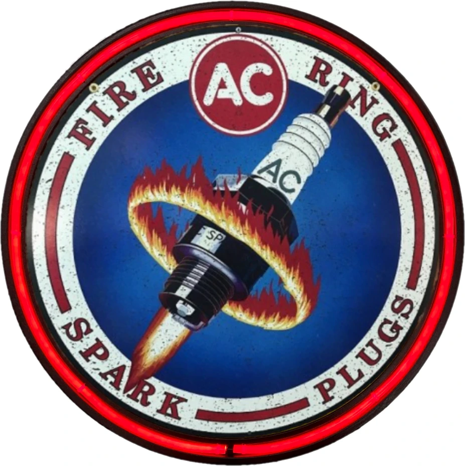 LARGE AC Fire Ring Spark Plugs Bar Garage Wall Light Sign RED Neon