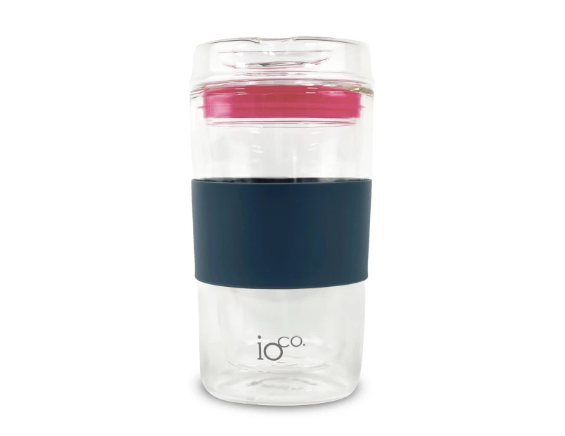 IOco 12oz ALL GLASS Tea and Coffee Traveller - Denim Blue | Hot Pink Seal