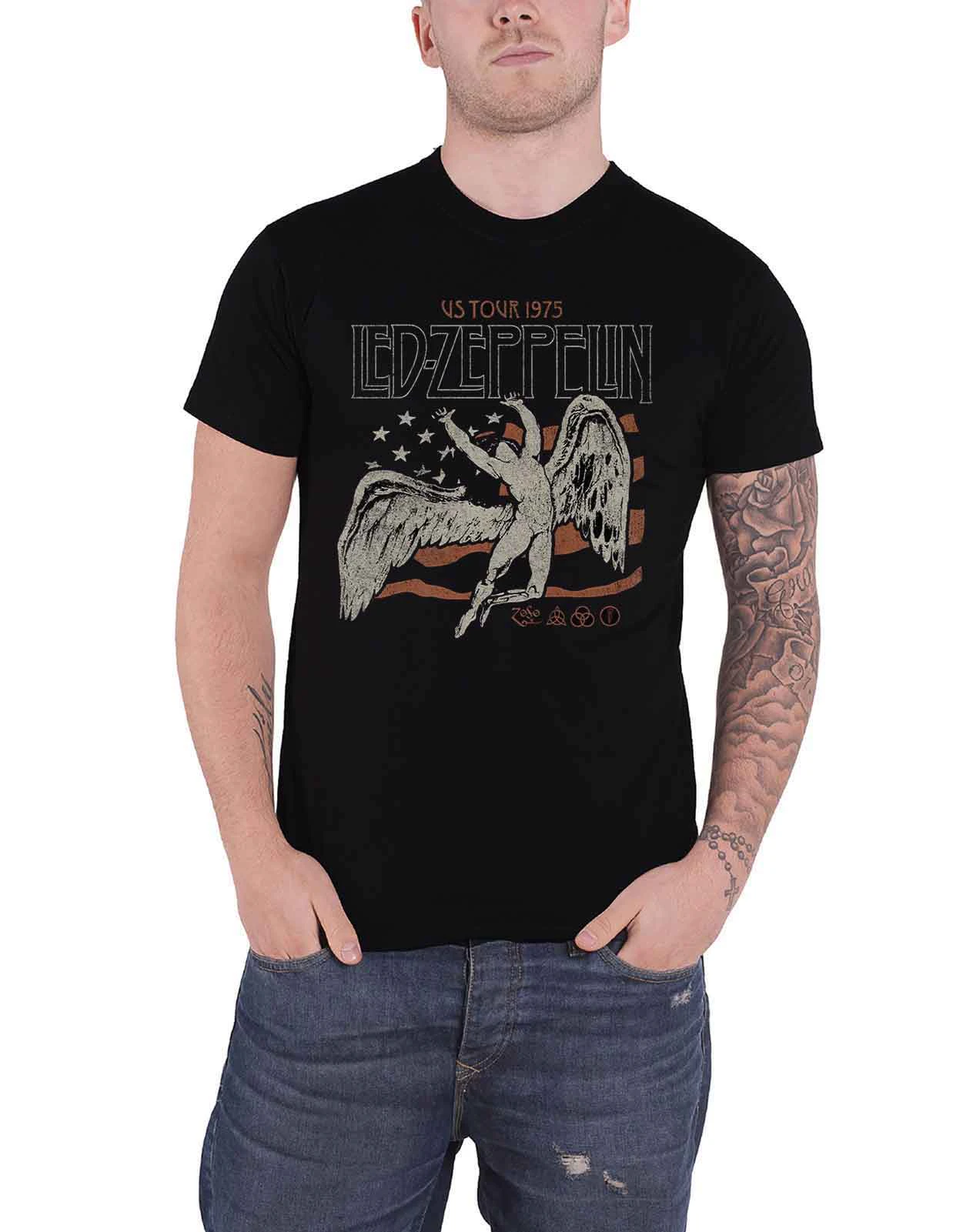 Led Zeppelin T Shirt Us 1975 Tour Flag Band Logo  Official Mens - Black