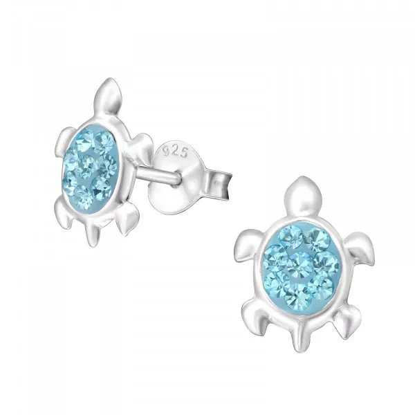 Children's Silver Turtle Crystal Stud Earrings for Girls - Blue Aqua