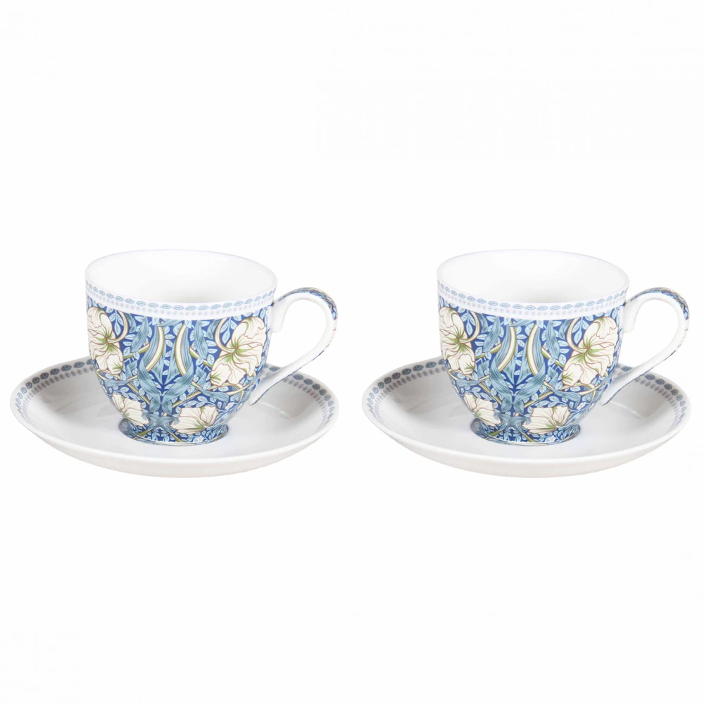 William Morris Blue Kitchen Tea Cups and Saucers Set of 2 Giftboxed