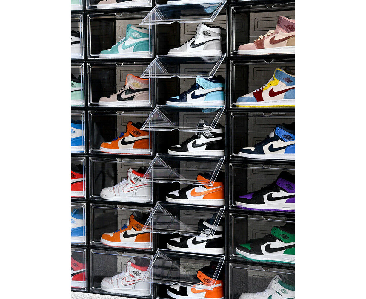 10X Premium Sneaker Display Shoe Box Storage Clear Acrylic Side Opening Door Stackable Boxes  ~ Black