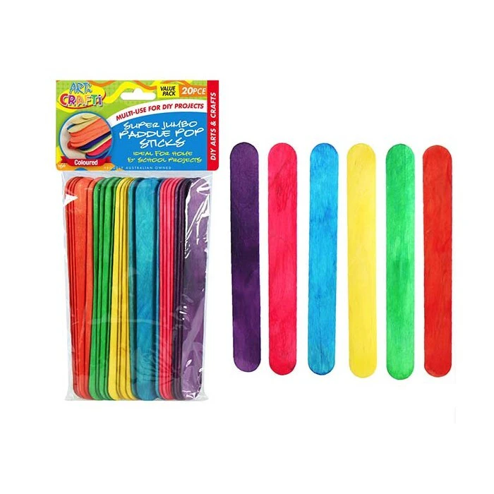 20pce Multi-Colour Paddle Pop Sticks Super Jumbo 20cm School Art & Craft Project