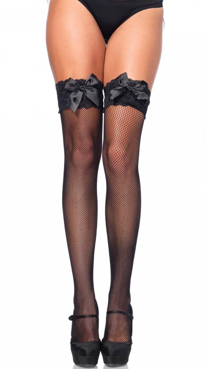 Fishnet Black Thigh High Stockings with Bow Genuine Leg Avenue - New