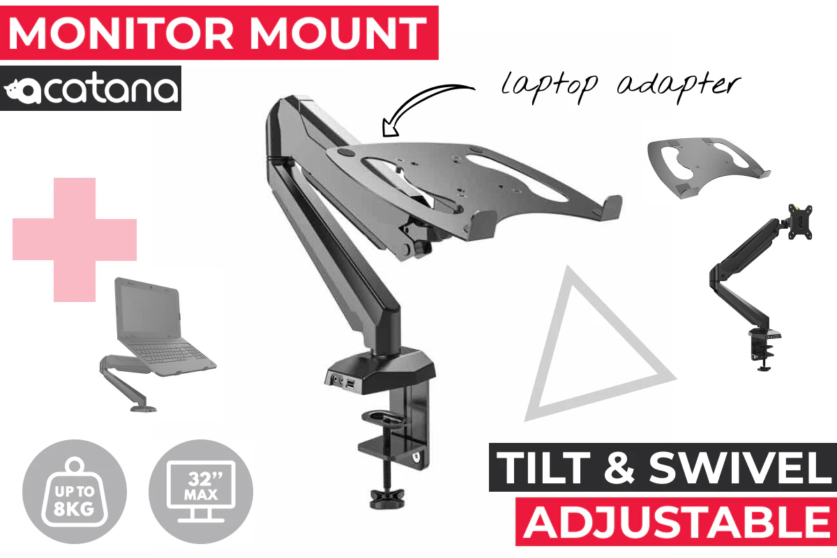 Acatana Single Computer Monitor Stand Arm Mount Desk with Laptop Tray Holder Adapter Bracket 8kg USB Audio Mic ports Gas-Spring