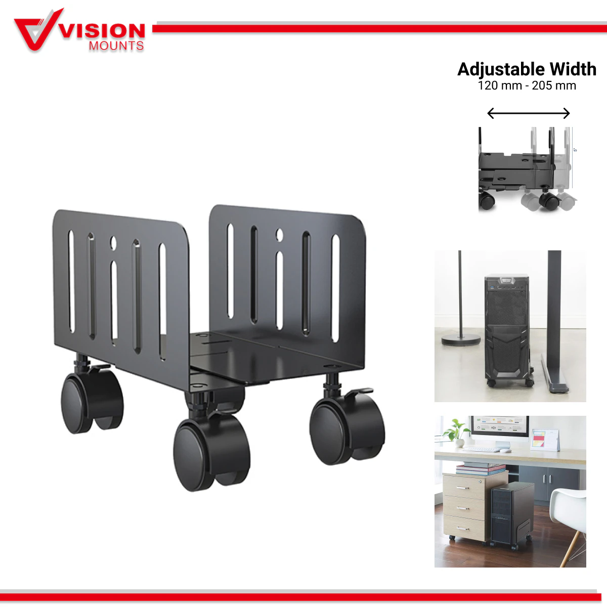 Adjustable Tower Rolling Stand Mobile Computer Cart Holder CPU PC Case Wheels Caster Wheels Vision Mounts VM-CH01