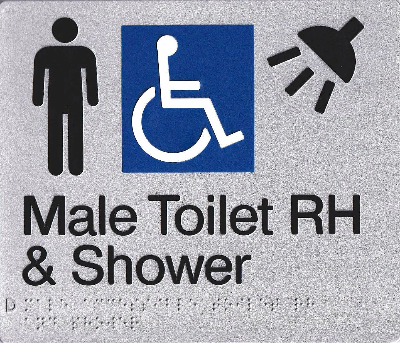 Male Disabled Toilet & Shower Sign Right Hand Silver Plastic