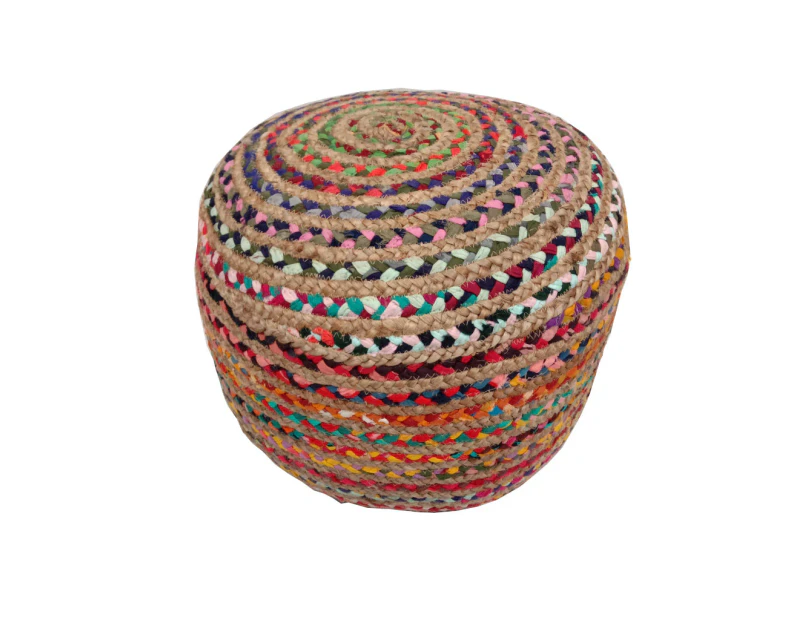 Multi Chindi and Jute Plaited Pouf Ottoman Footstool - Multi colour