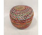 Multi Chindi and Jute Plaited Pouf Ottoman Footstool - Multi colour