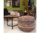 Multi Chindi and Jute Plaited Pouf Ottoman Footstool - Multi colour