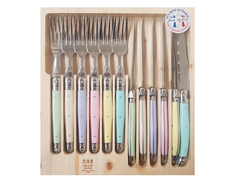 Jean Dubost Laguiole Simplicite - 12pc Steak Knife & Fork Set Pastels