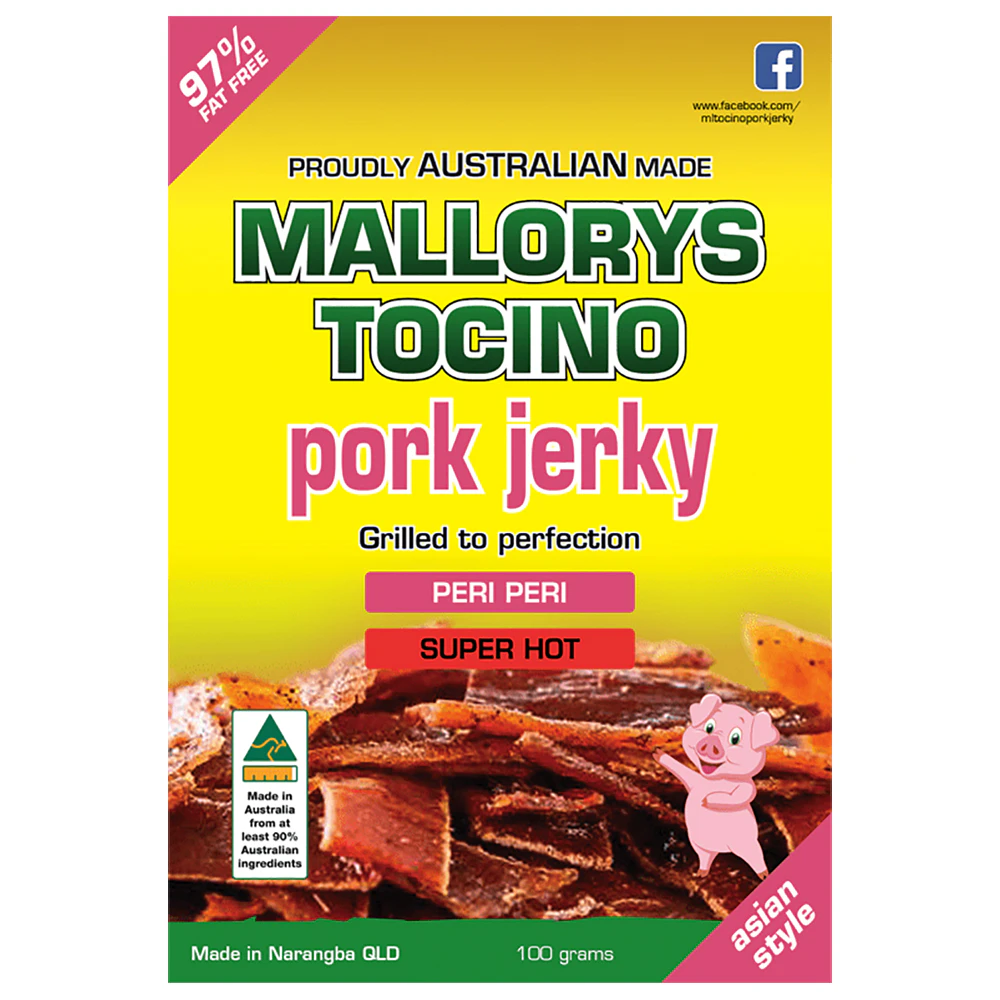 Mallorys Tocino Super Hot Peri Peri Pork Jerky 100g (for Human Consumption)