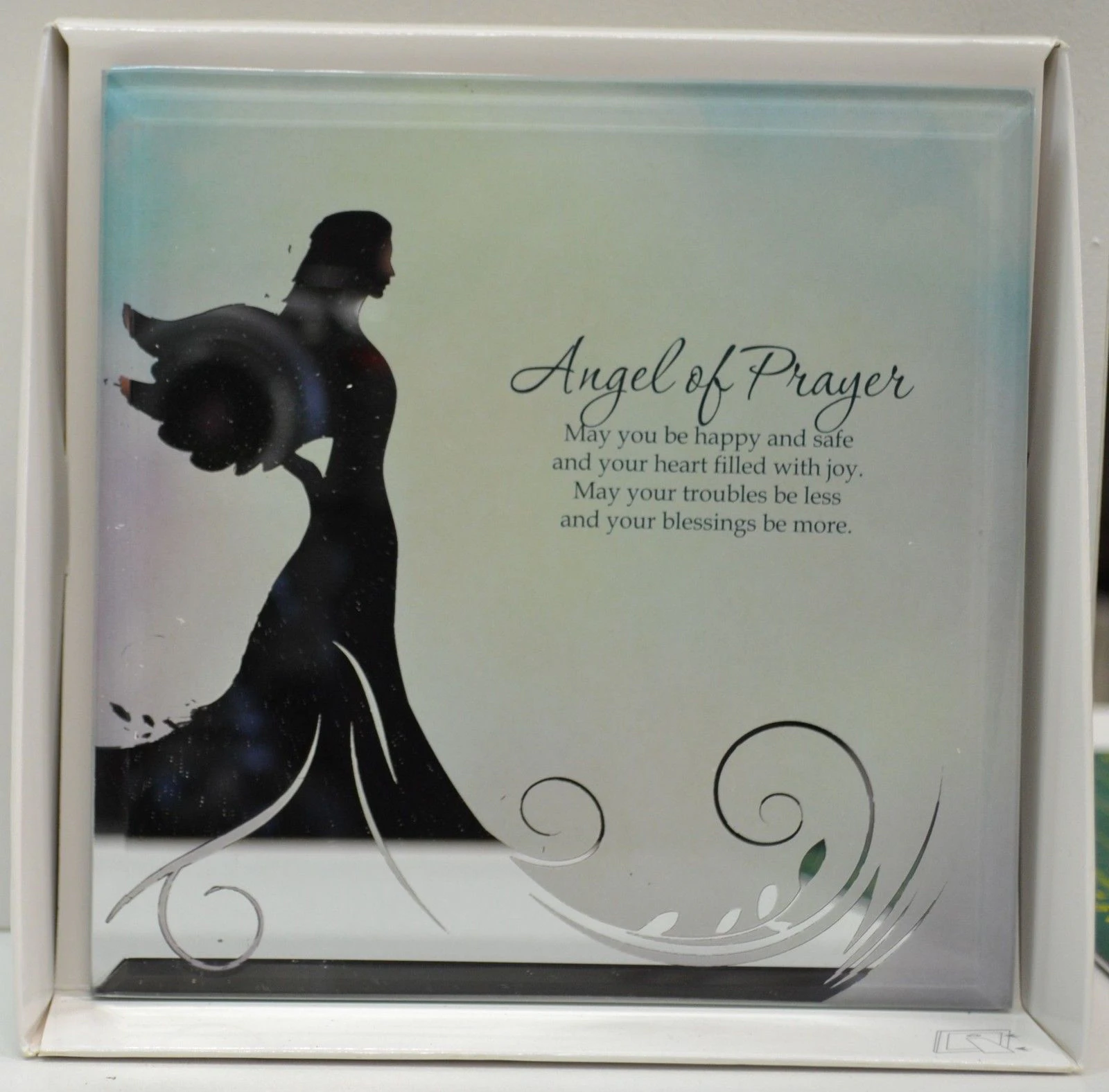 Silver Silhouette Plaque, Angel Of Prayer, 150 x 150mm, Stand or Hang, Mirrored Giftware