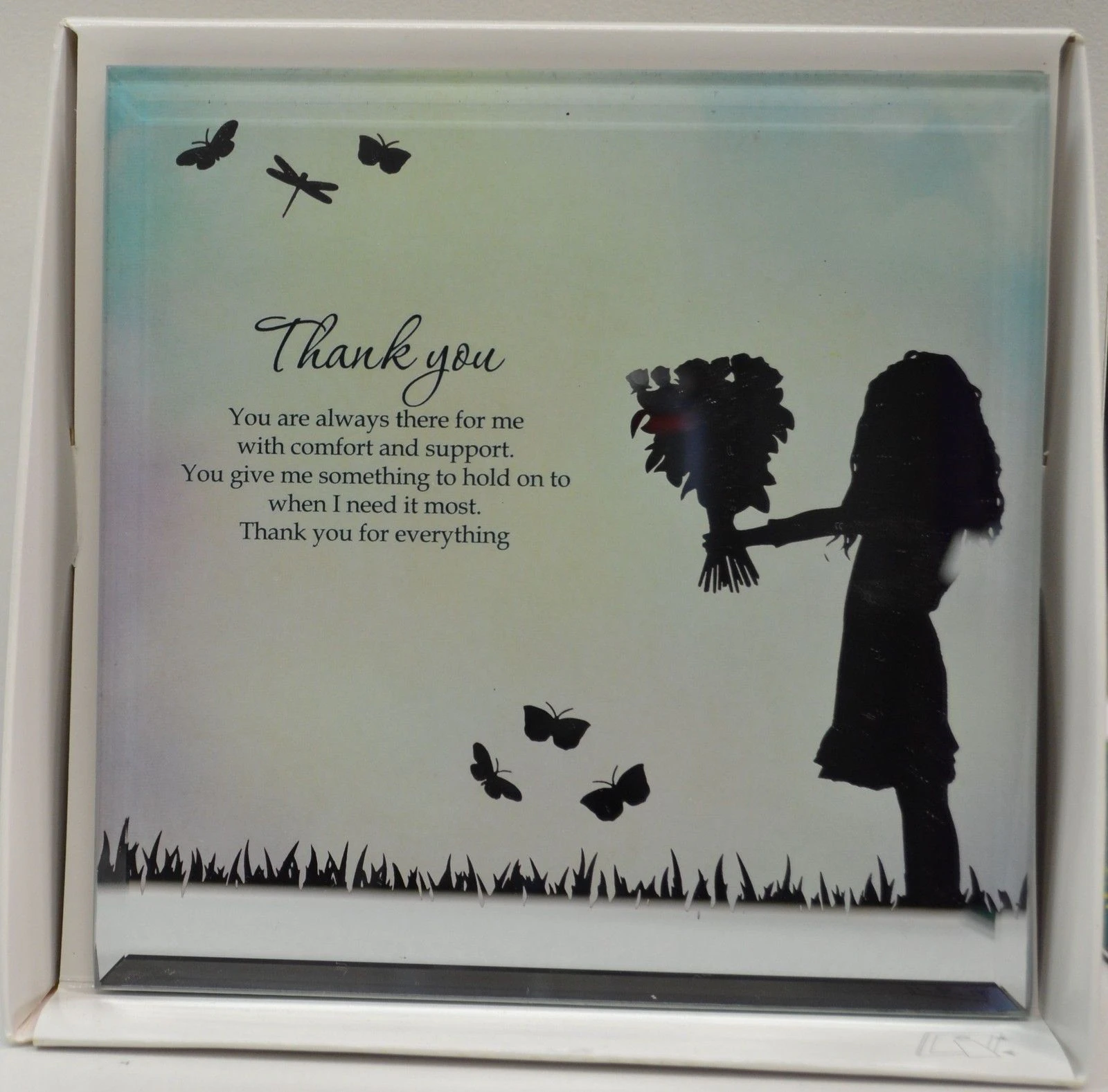 Silver Silhouette Plaque, THANK YOU, 150 x 150mm, Stand or Hang, Mirrored Giftware