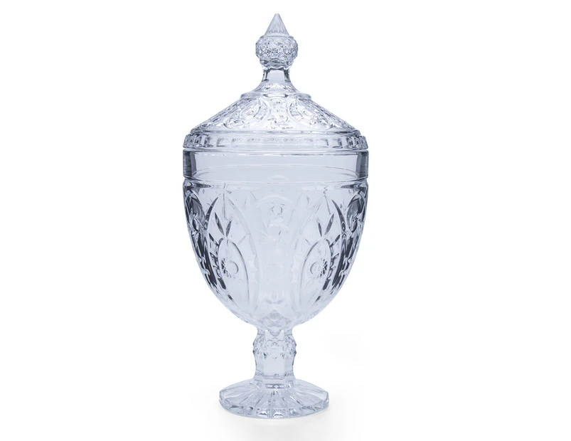 33cm Glass Candy Jar Bowl on Stem Ornate Engraved Design With Lid Parisian