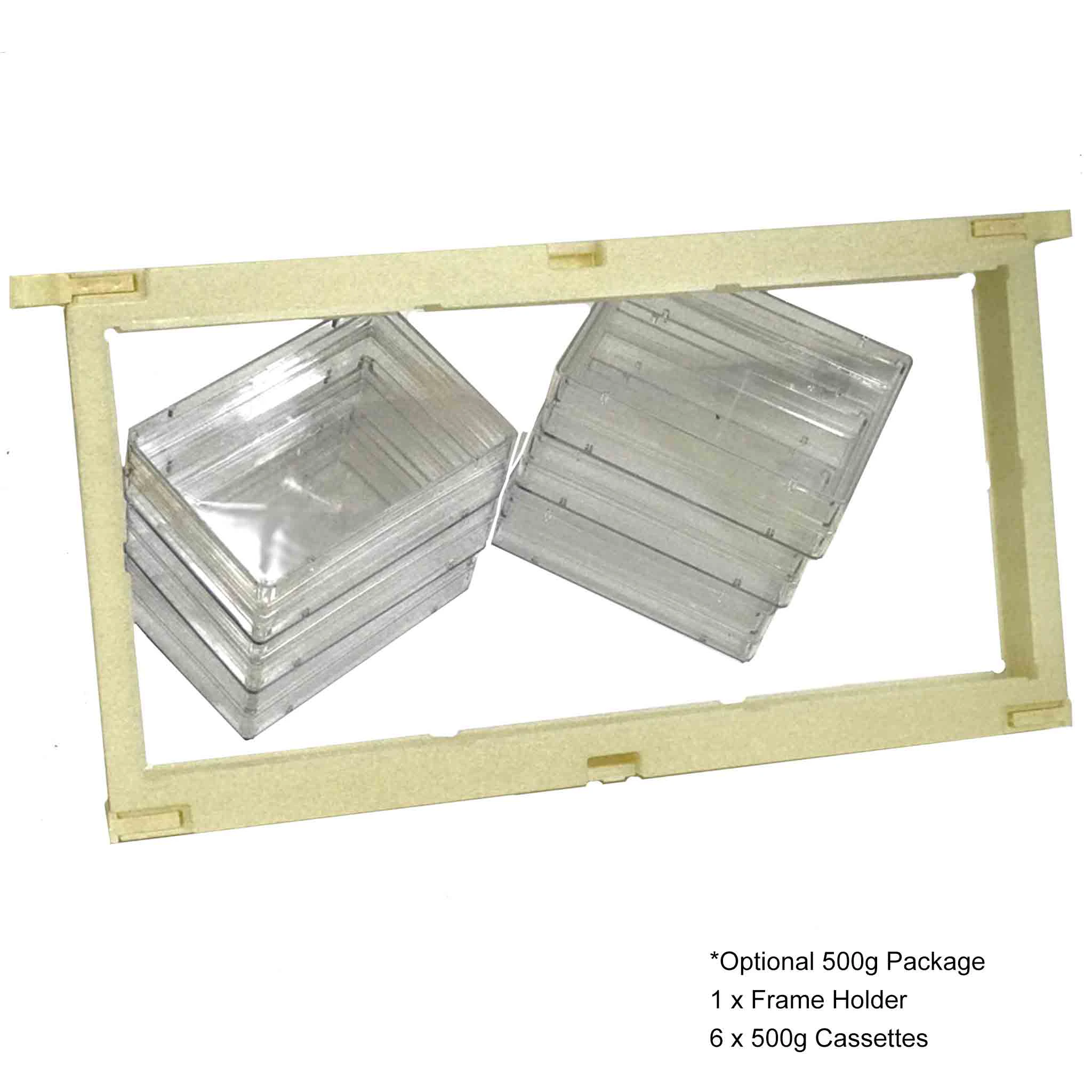 Containers Cassettes Frame Holder for Honey Comb - 500g, Frame Holder plus 6x 500g Cassettes and Wax Foundation