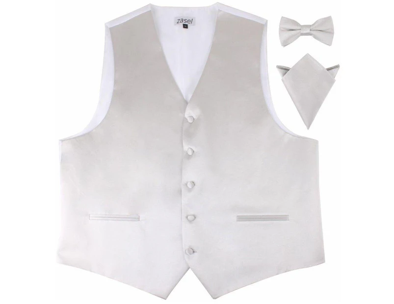 Mens Ivory Plain Vest Waistcoat & Matching Bow Tie & Pocket Square Polyester - Ivory