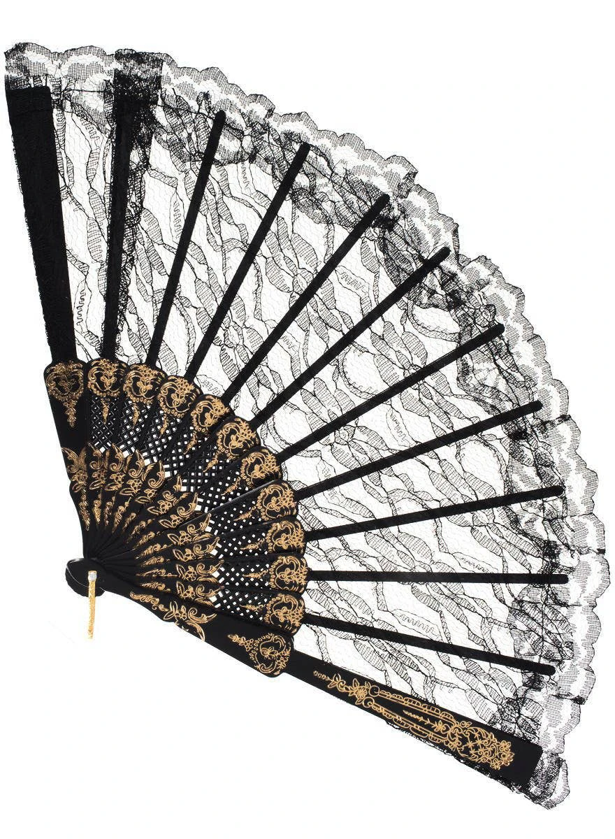 Victorian Style Black Lace Costume Hand Fan with Gold Detailing - New