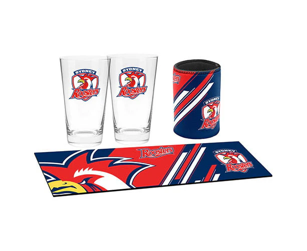 Sydney Roosters NRL Bar Essentials Pack Bar Runner Mat 2x Glasses Can Cooler