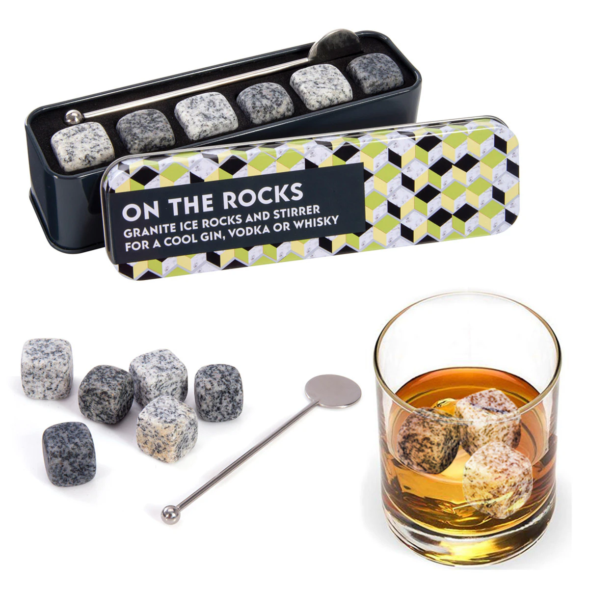 Whisky in a Tin - On The Rocks - Ice Cube & Steel Stirrer Set