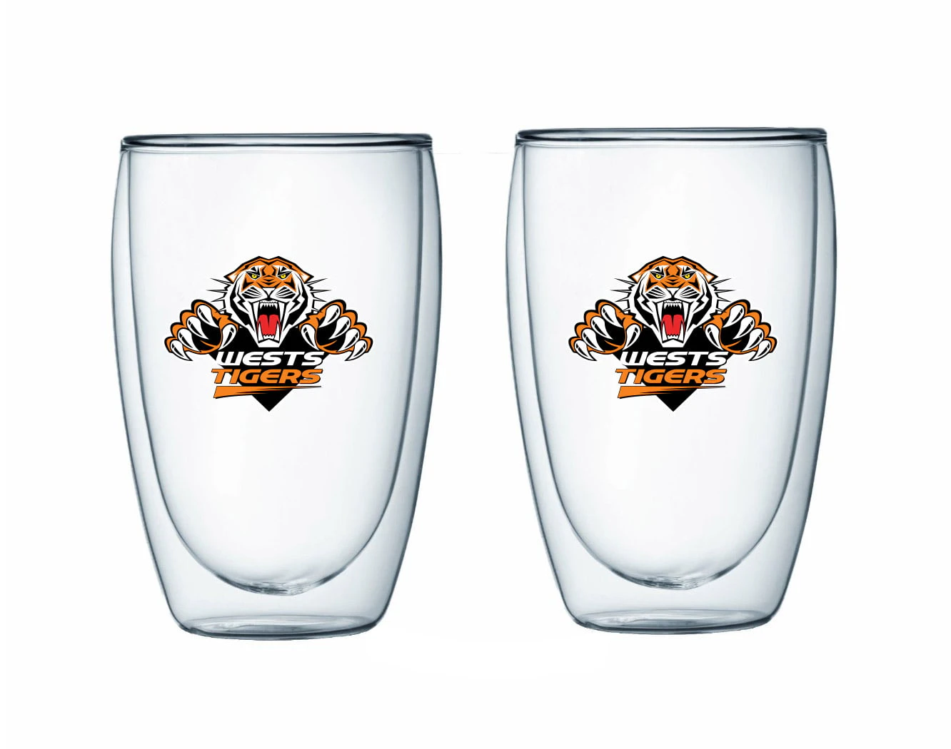 Wests Tigers NRL Set of 2 Double Wall Glasses Tea Coffee Spirits