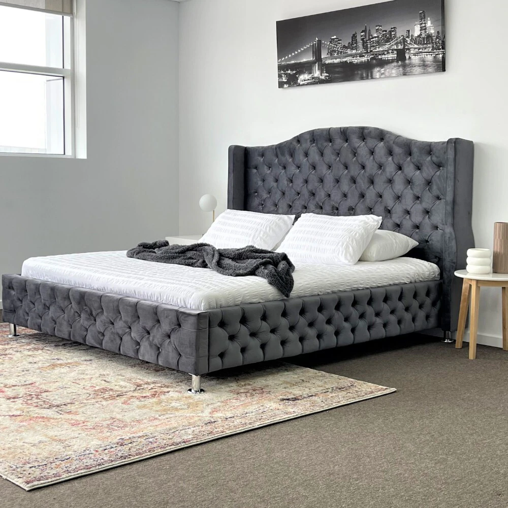 Aurora King Bed Frame Studded Fabric Grey Plush Velvet Upholstered Tufts