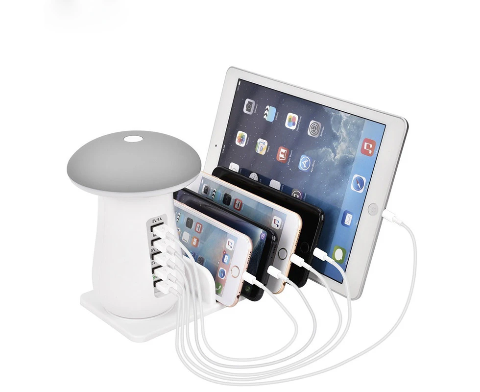 Mushroom LED Light Lamp USB Charging Dock Station Organizer with 5-Port for iPhone Samsung Galaxy Smart Phone Camera Tablet