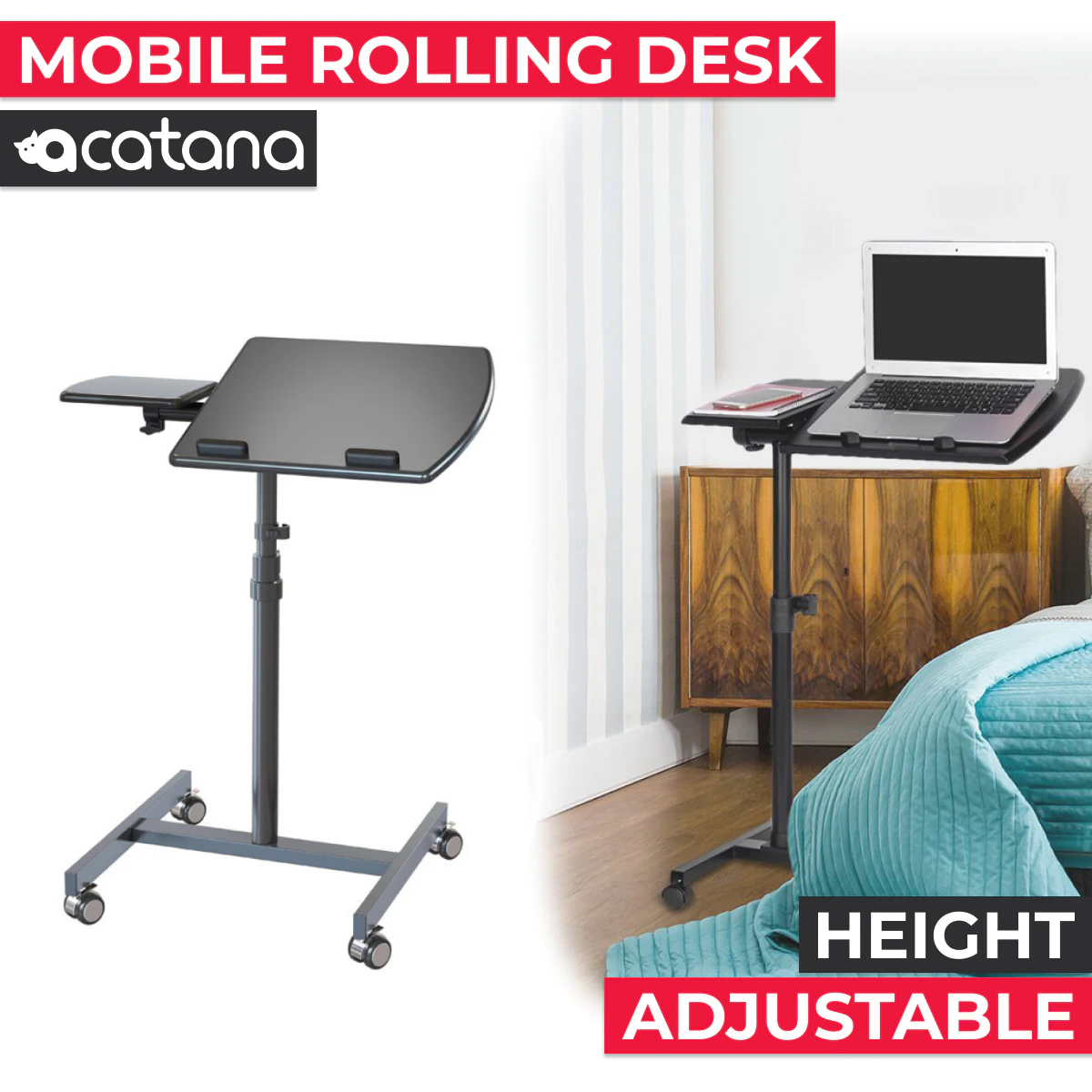 Acatana Mobile Rolling Laptop Desk Computer Table Stand Height Bedside Portable