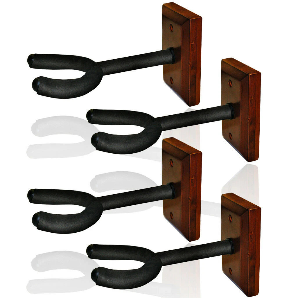 4 x Guitar Wall Hangers, foam padded hook, wood block mount  wooden, base