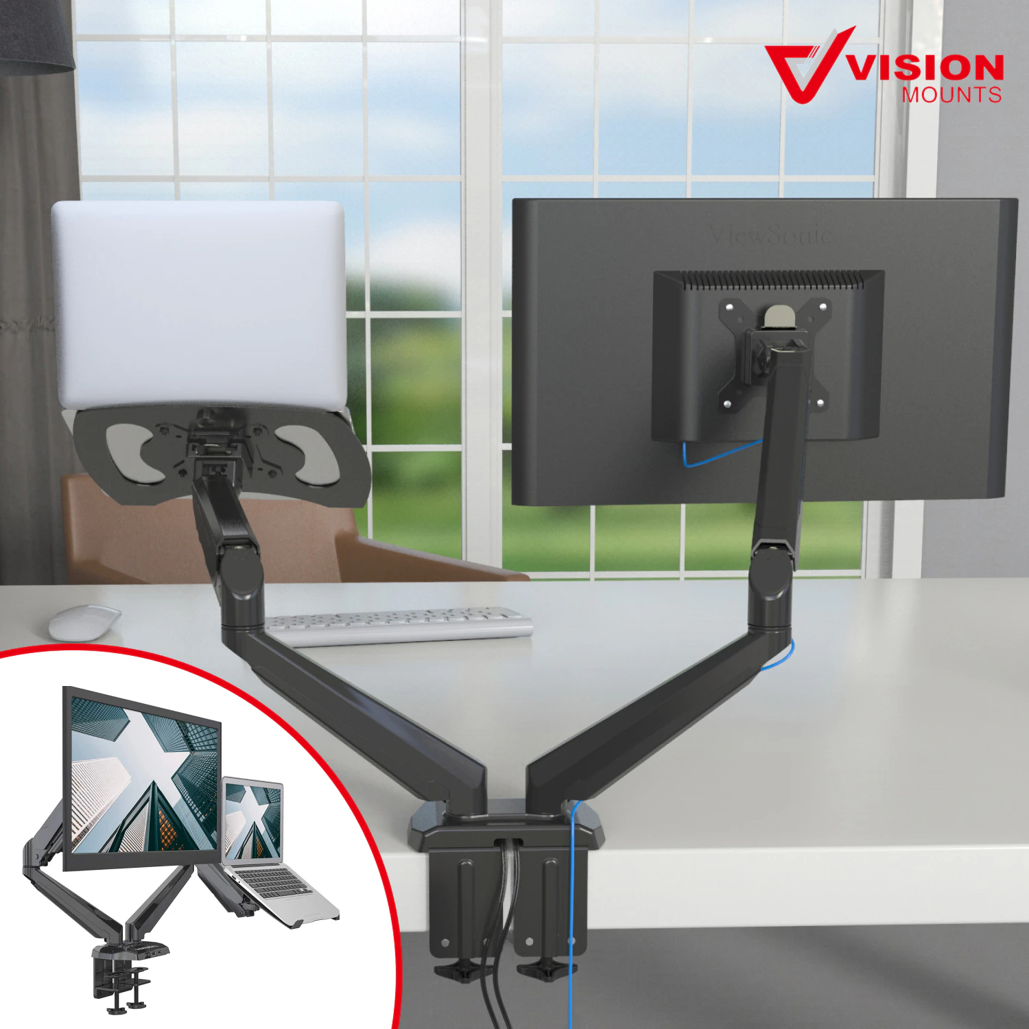 Vision Mounts VM-GM224U-D15 | Dual Monitor Stand Arm Mount with Tray Holder Adapter for Laptop