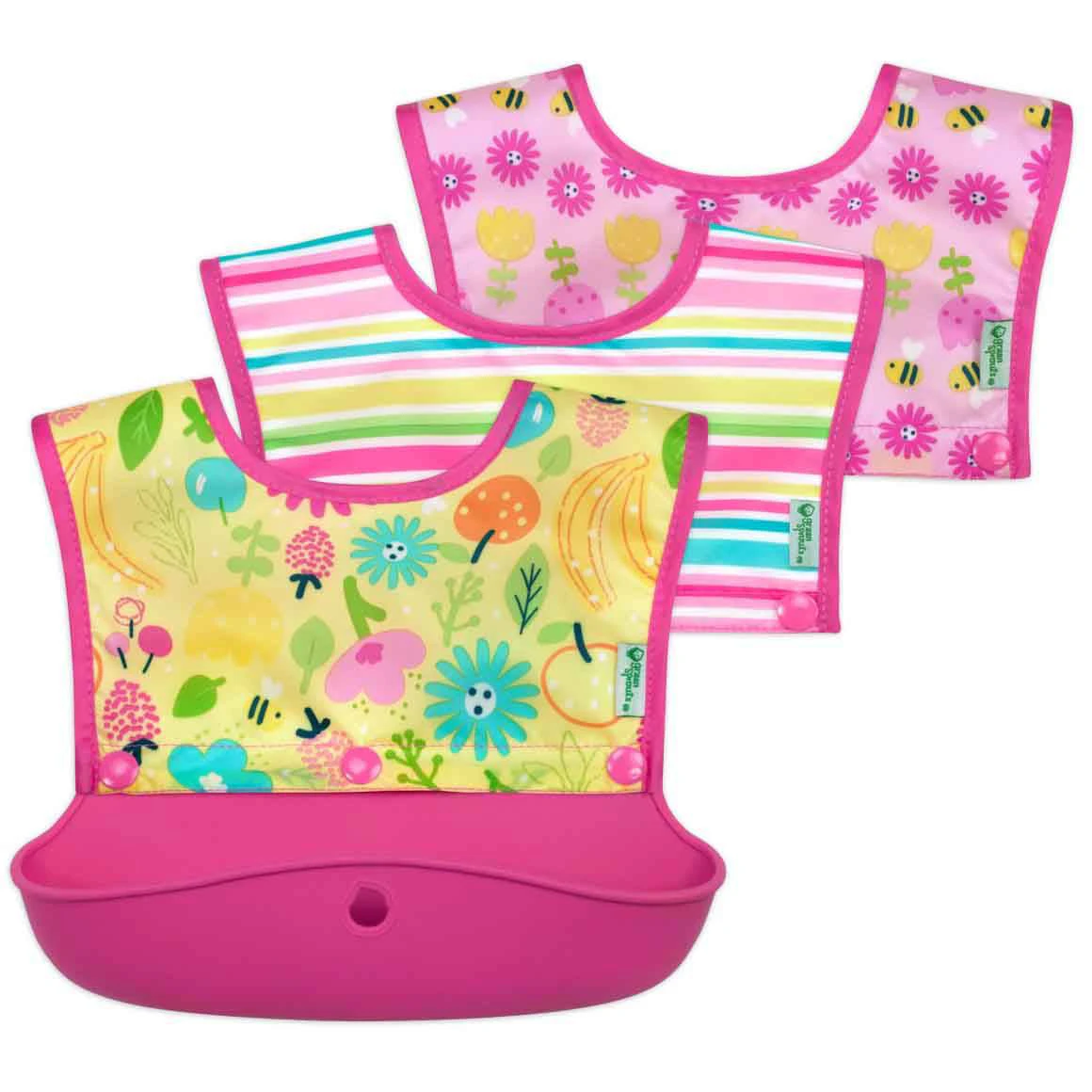 i.Play | Bib Snap & Go Silicone Food-Catcher Bib 6-18 months - Pink Bee Floral