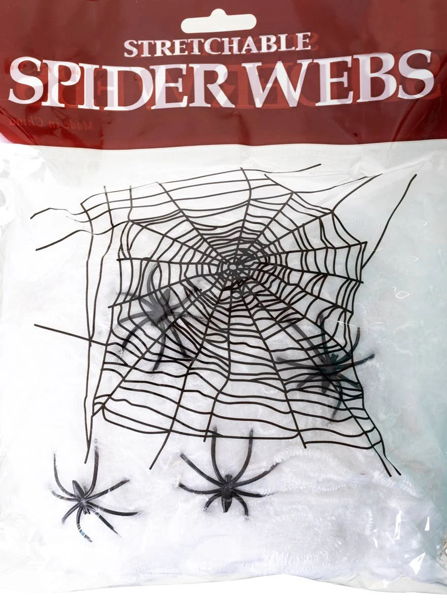 Stretchable White Spider Web Halloween Decoration with 2 Spiders -