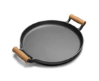 SOGA 35cm Cast Iron Frying Pan Skillet Steak Sizzle Fry Platter With Wooden Handle No Lid