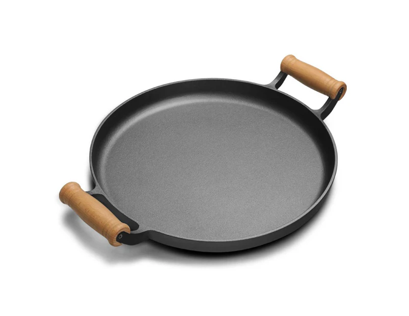 SOGA 35cm Cast Iron Frying Pan Skillet Steak Sizzle Fry Platter With Wooden Handle No Lid