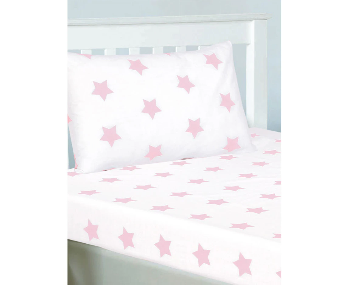 Pink and White Stars Single Fitted Sheet and Pillowcase Set