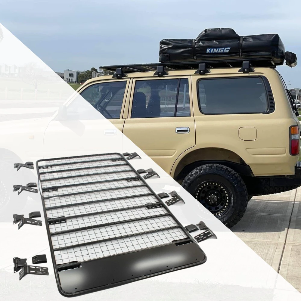 Flat Roof Rack Cage fits Landcruiser 80 90 Series 220cm x 125cm Rain Gutter Mounts Black Powder Coated Steel Rack