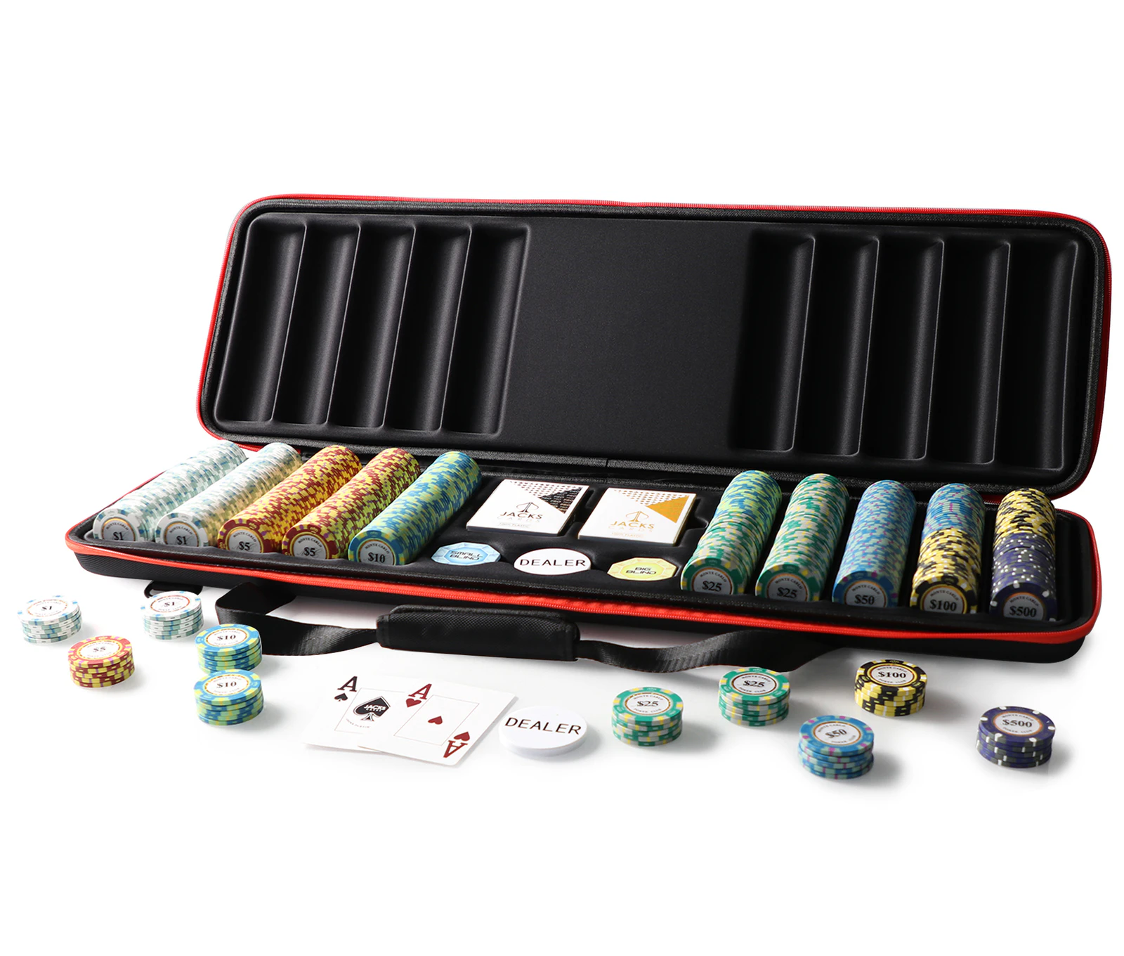 Monte Carlo 500 Deluxe Chip Poker Set - Premium Viper Case - 14g Poker Chips - 2 x JACKS PRO 100% Plastic Cards - Blinds Buttons & Dealer Button