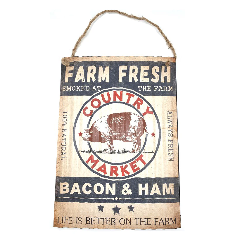 French Country Wall Art Tin Sign Farm Fresh Bacon and Ham Corrugated