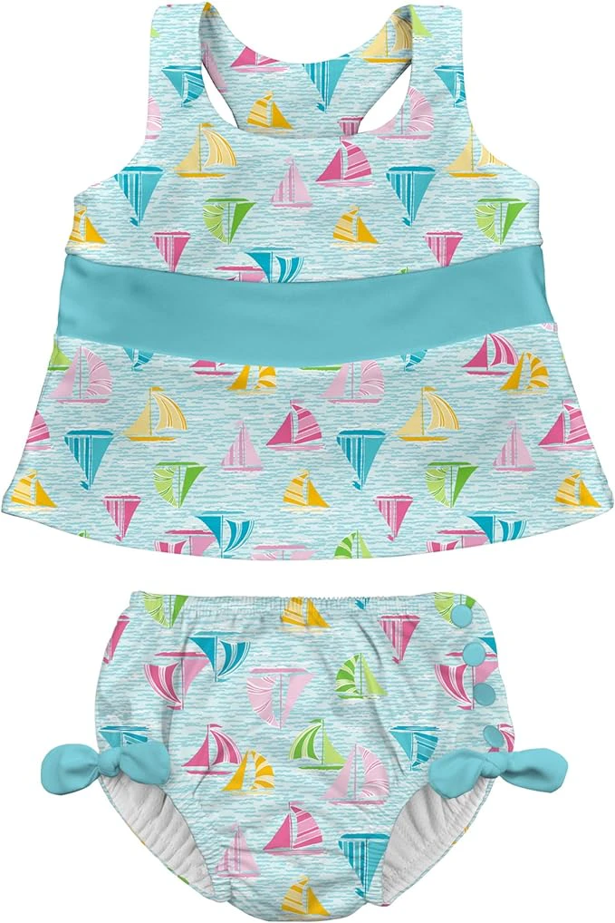 Green Sprouts | Swimsuit Set with Snap Reusable Absorbent Swim Diaper - Light Aqua Sailboat Sea