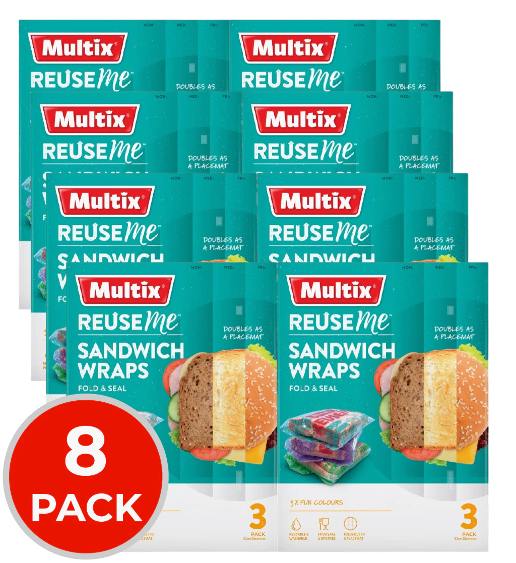 8 x Multix Reuse Me Sandwich Wraps Fold & Seal PK3 (24 Pack)