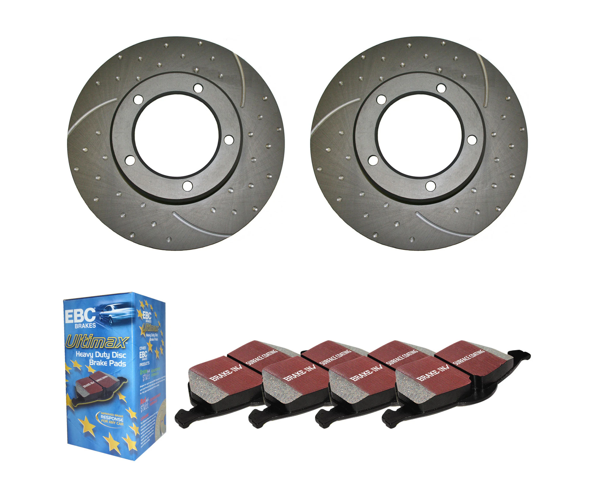 Rear Set Slotted Dimpled Disc Brake Rotors & ULTIMAX Pads BMW X5 E53 3.0 Turbo Diesel 2000-2/2007 (Solid Rotors 324mm Dia)