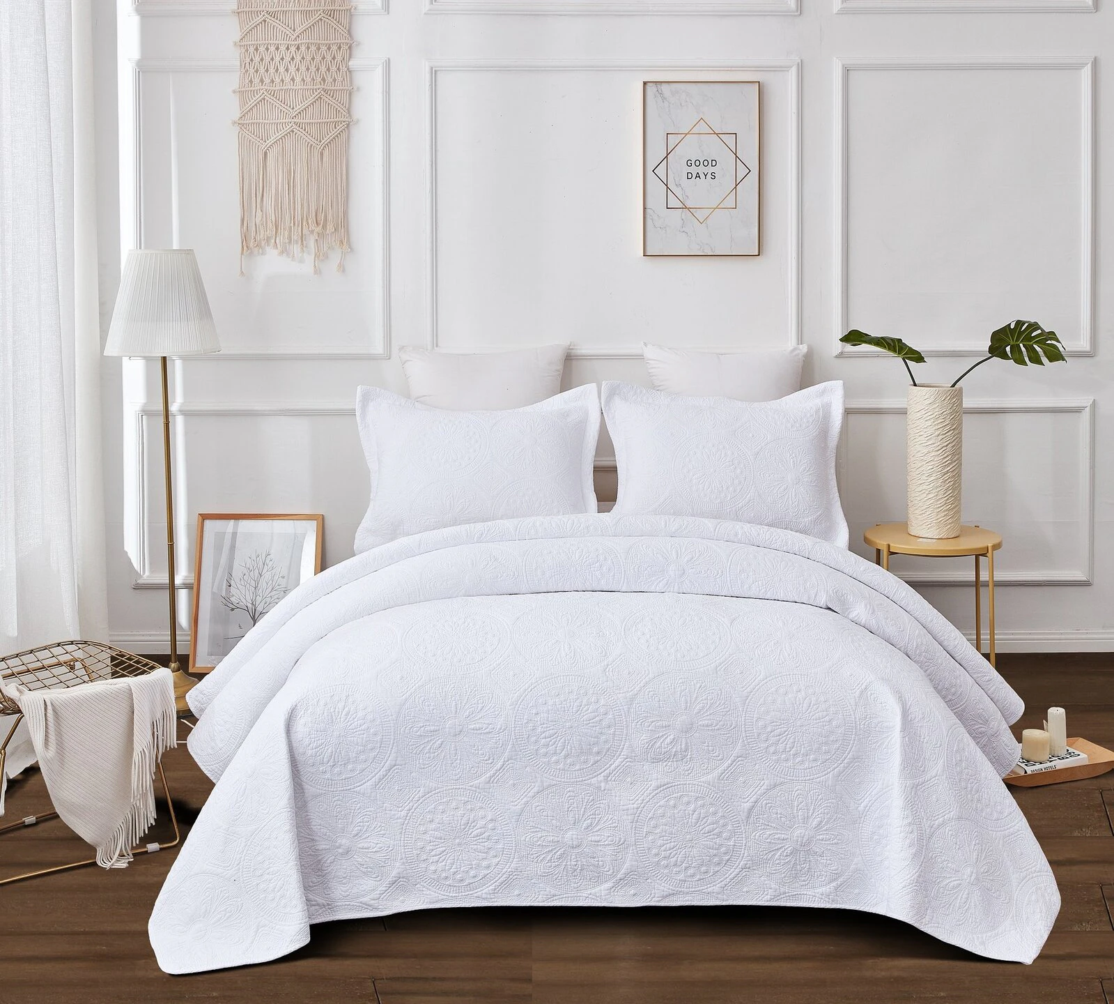 King Embroidered Vivid White Coverlet Set