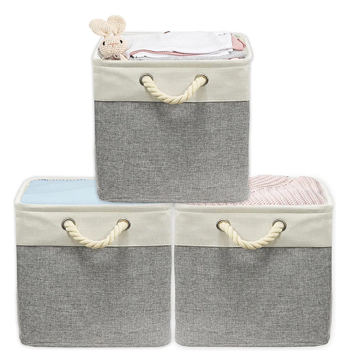 [3-Pack] Collapsible Storage Bins Basket Foldable Canvas Fabric Tweed Storage Cubes Set - Cream/Gray